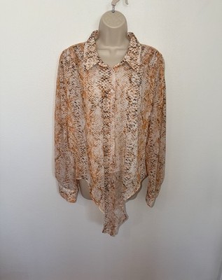 Calvin Klein Women's XL Sheer Snakeskin Print High Low Button Shirt Blouse