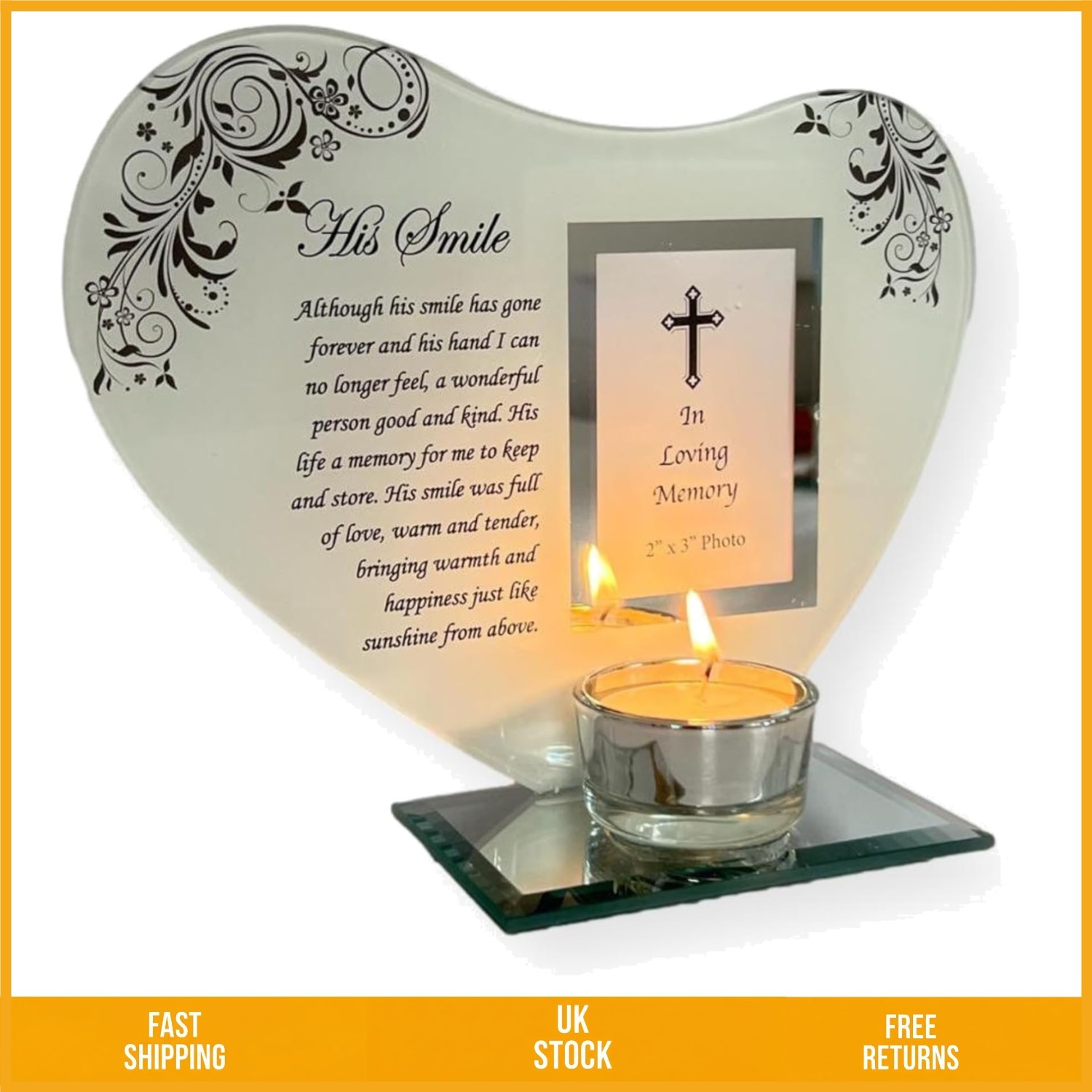 Elegant Glass Heart Memorial Photo Frame Tealight Candle Holder Dad 16x19cm
