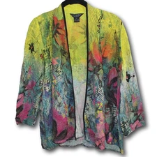CITRON Santa Monica Crinkle Silk Abstract Floral Watercolor Open Front Top
