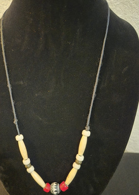 Beaded Necklace Bone Ethnic Pattern Center Red Beige Black White Beads