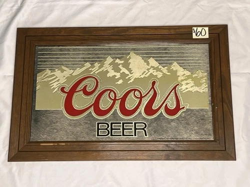 Vintage 1986 COORS BEER Mirror Sign, Gold Mountains Wood Frame 27.5" x 17.5"