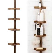 4 Tier Tension Corner Shower Organizer Caddy in Bronze, Adjust Height 4' - 8.5'