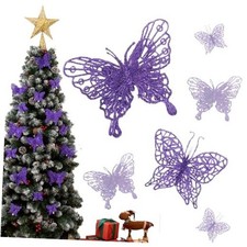 16 Pcs 2 Size Christmas Tree Butterfly Decorations, Glitter Hollow Purple