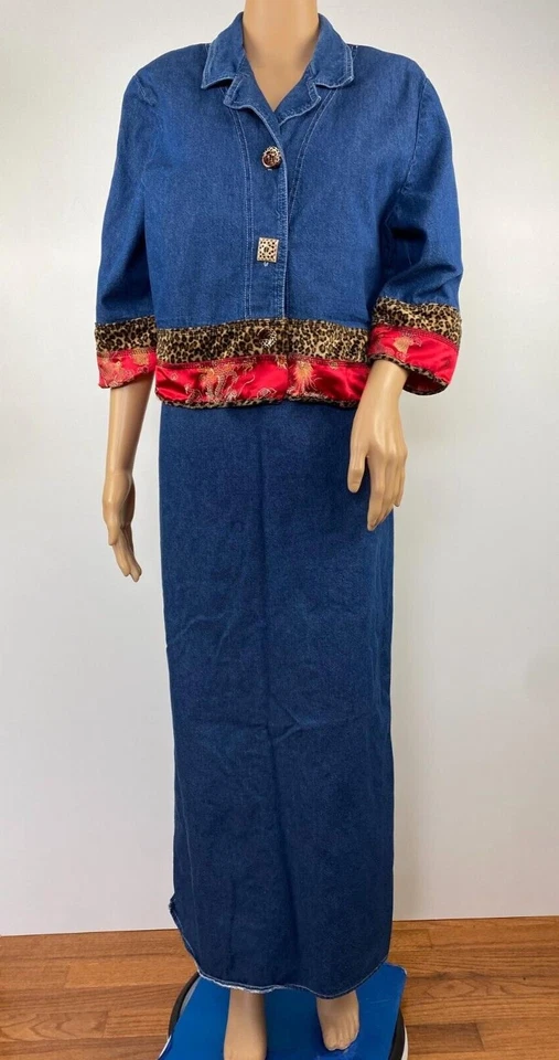 VTG NINA PICCALINO Denim Denim Maxi Dress & Jacket 2 piece Set Size 8 Women's - Image 2 of 4
