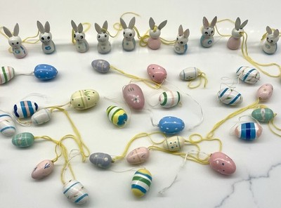 Vtg Easter 40piece Mini Ornaments Hand Painted Wood Eggs 30ct Bunny Rabbits 10ct