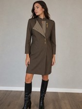 Authentic VTG Gucci Military Wool Dress IT 42 Gray Green Assymetric Gold Buttons