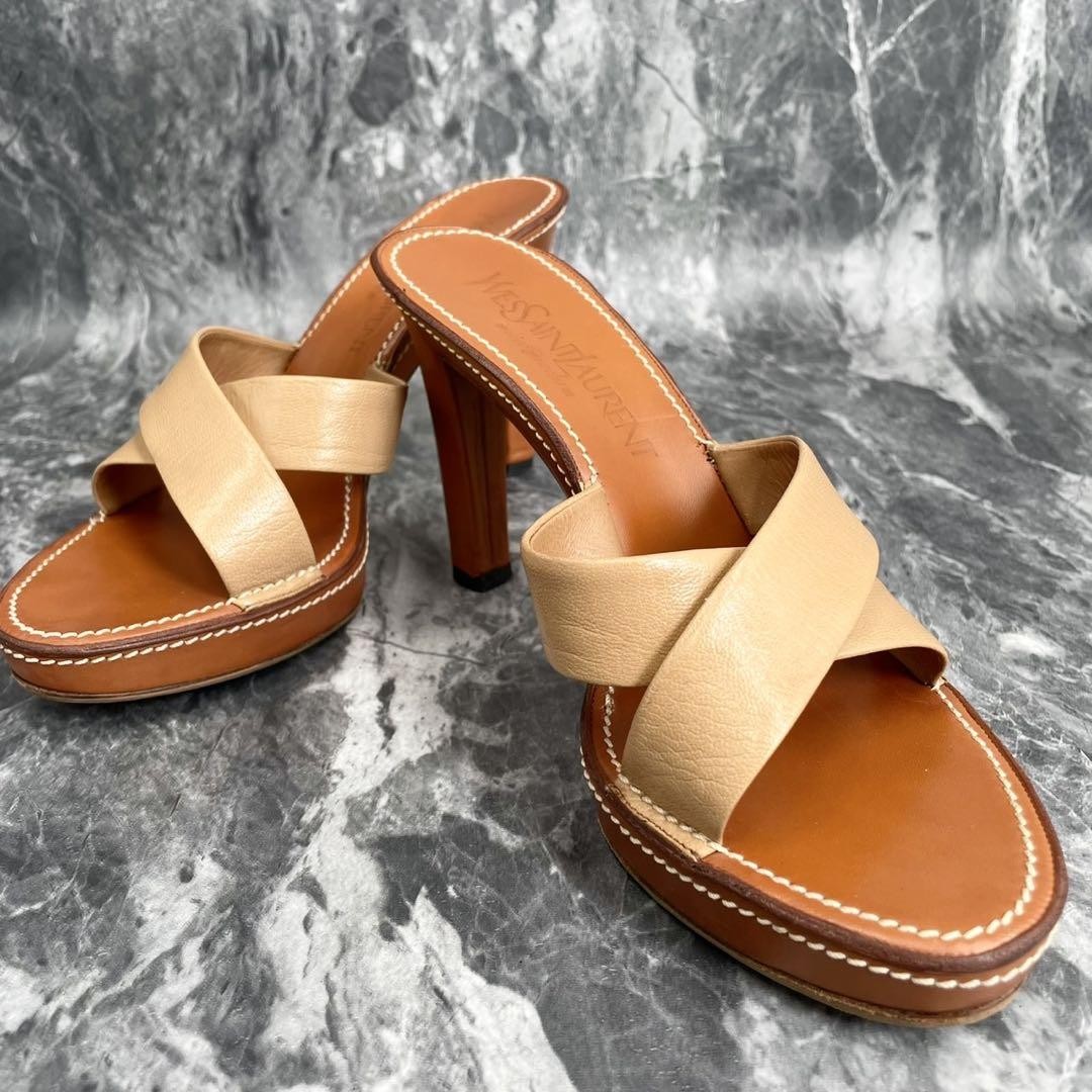 Sandali YSL Yves Saint Laurent Mules taglia 36 US6 beige pelle marrone tacco donna
