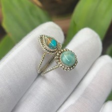 Blue Copper and Larimar Gemstone Ring - Sterling Silver Double Band Ring MJ008