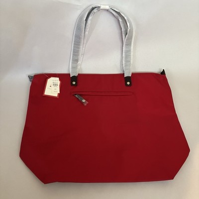 Talbots Red Nylon Tote Bag Brown Faux Leather Handles Zip Top Travel Shopper NWT