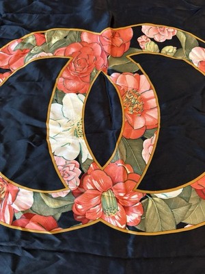Vintage Chanel silk scarf Double C With Floral Design Black Pink