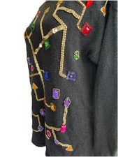 Vintage 80s Black with Multi Color Sequin Funky GitanoCotton Blend Sweater Sz M