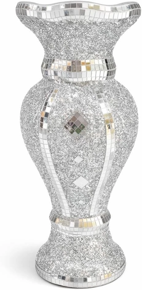 Silver Crushed Diamond Sparkle Vase–30cm Tall Ceramic Mosaic, Luxury Home Decor