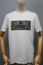 FENDI ROMA Very worn Zucca Logo White Cotton Used T-Shirt Mens Sz US M