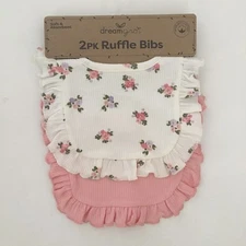 NEW 2 Bibs with Ruffle Edge Baby Girl Teething Drool Bibs Floral Pink | DreamGro