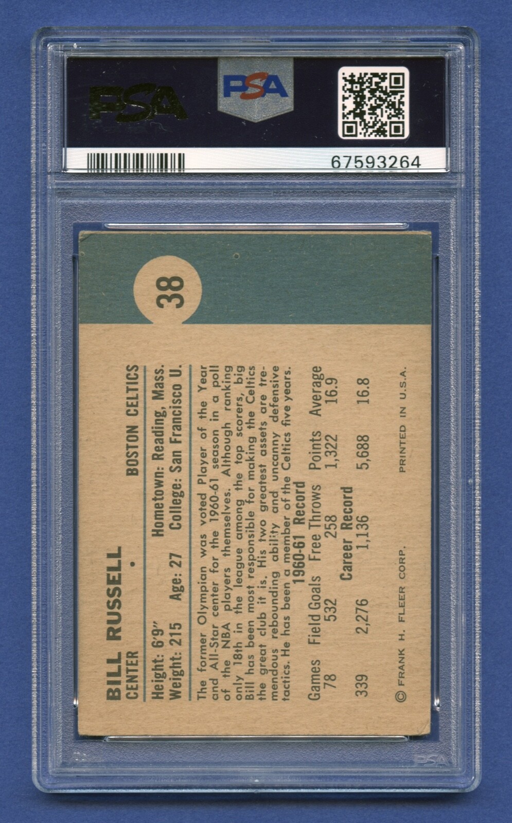1961 BILL RUSSELL PSA 3 VG FLEER HOF BOSTON CELTICS GREAT SURFACE SHARP #38 RZC