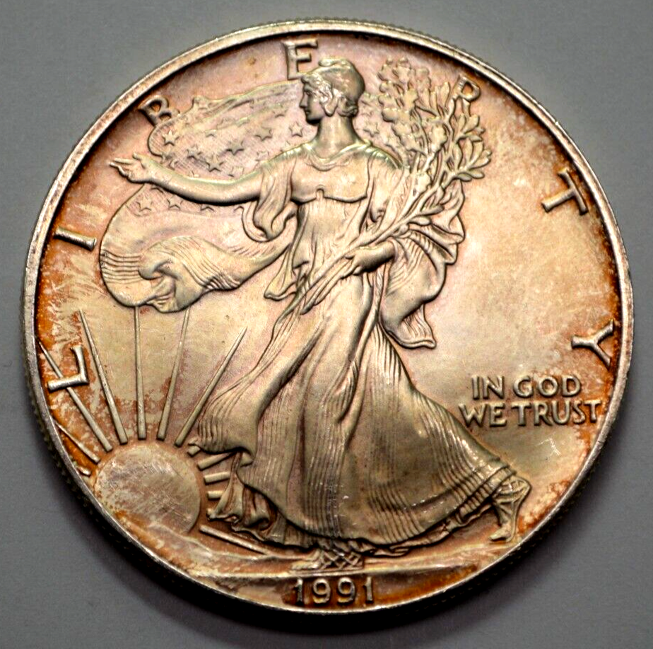 1991 American Silver Eagle $1 Dollar Nat.Toning 1 Oz .999 Fine