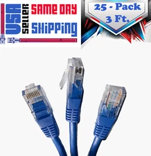 Cat6 Patch Cord 3' Foot in Blue 25 Pcs Pack Ethernet Network Cable Tuff Jacks