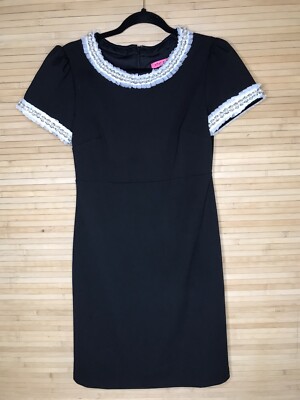 VTG Betsey Johnson Black Scuba Crepe Pearl Jewel Trim Short Sleeve Dress sz 4