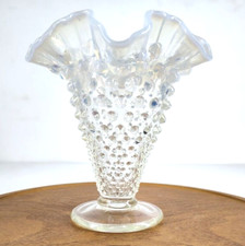 Vintage Art Glass French Opalescent Hobnail Footed Vase Double Crimped