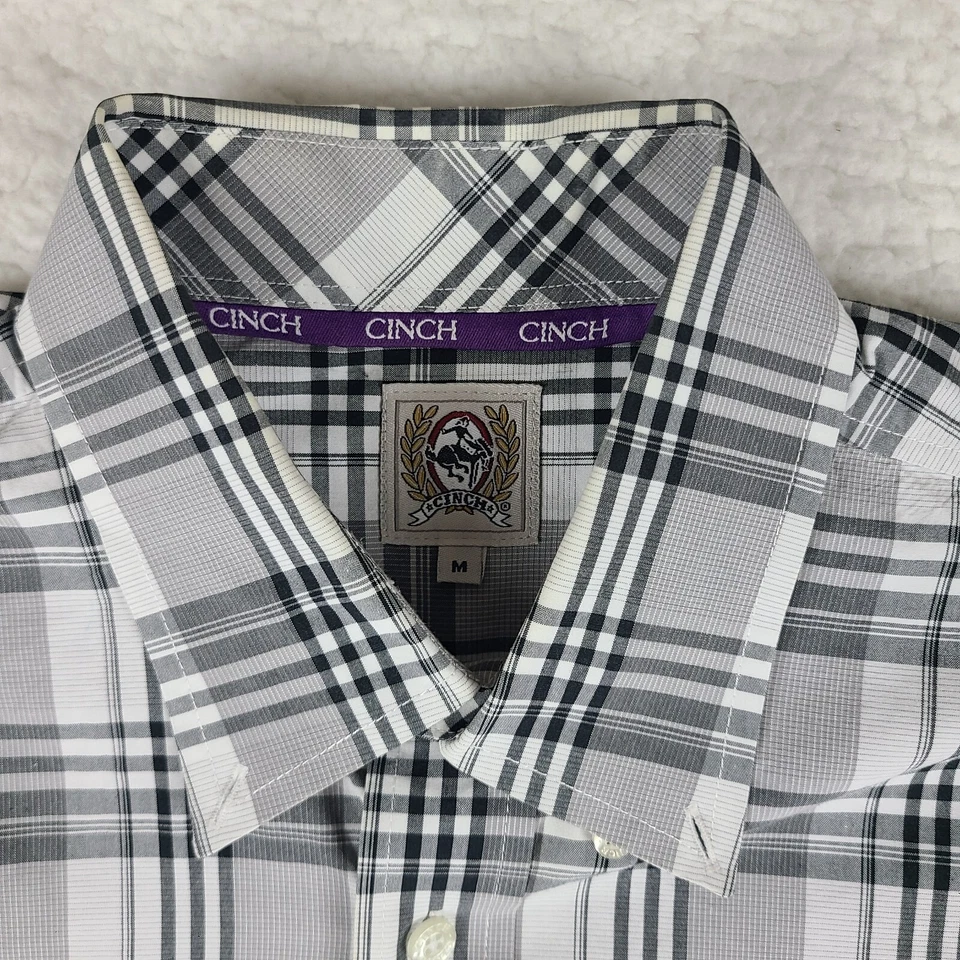 Camisa de vestir Cinch para hombre gris medio negra a cuadros solapa bolsillos abotonados Foto 4 de 4