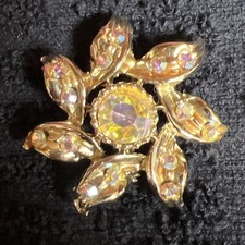 Vintage Aurora Borealis Crystal Rhinestone Dazzling Button Pin Brooch
