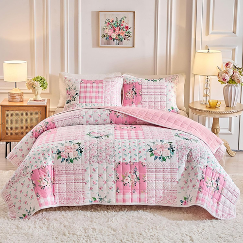 3 Pieces Flannel Floral Patchwork Quilt Set, King Size Pink Flowers Fluffy Velve - Picture 11 of 12