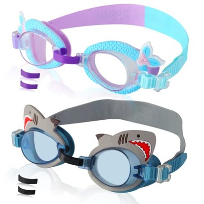 2 Pack Kids Swim Goggles No Leaking Anti Fog Waterproof Adjustable Grey & Blue