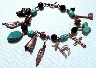 Vintage Western Sterling Silver, Turquoise & Carved Figures on Artisan Bracelet