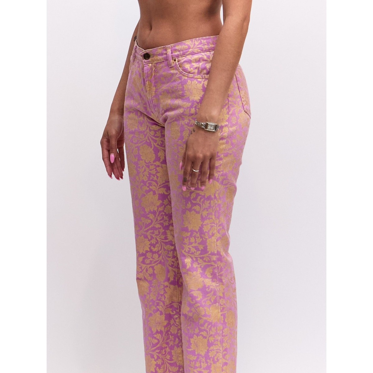 2000s Roberto Cavalli Lilac Lavender Floral Branch &Songbird Print Bootcut Jeans View 3
