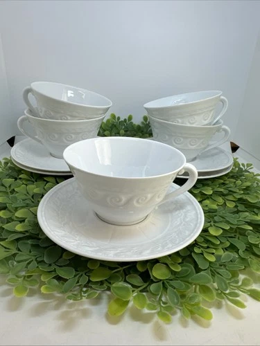 Set of 10 - Bernardaud Limoges Louvre 5 Teacups + 5 Saucers WHITE
