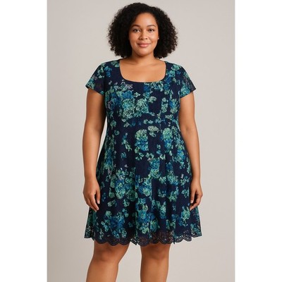 R&K Floral Lace Overlay Dress Navy Green Purple Fit & Flare Women's