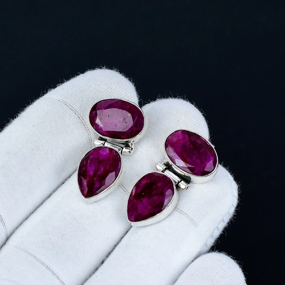 Kashmir Rubino Creato IN Laboratorio Orecchini 925 Argento Gioielli Per Birthday - Immagine 3 di 4