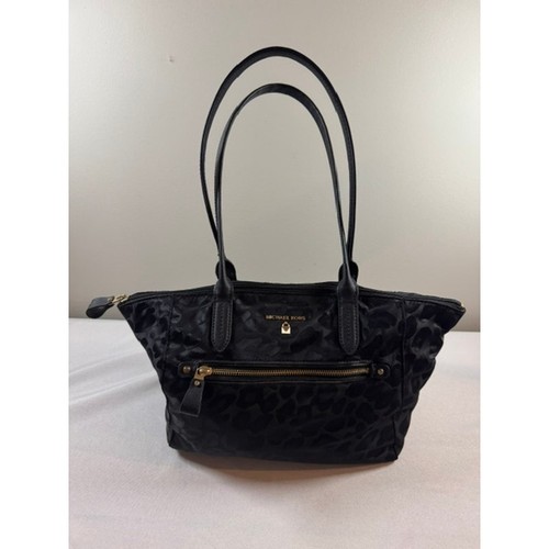 Michael Kors Kelsey Medium Black Leopard Nylon Tote Bag Gold Hardware