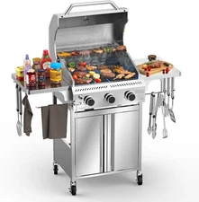 3-Burner Gas Grill Side Tables,Stainless Steel 24,000BTU Limited Free Delivery
