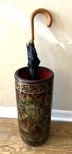 18" VINTAGE HAND PAINTED UMBRELLA STAND~Asian Floral Burgundy/Green/Gold~China