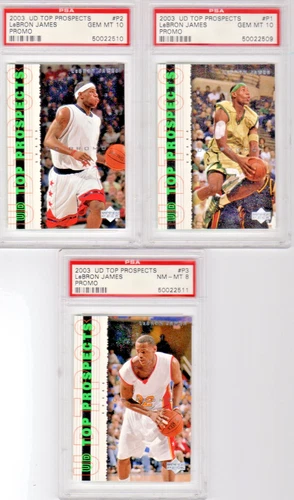 2003 UD TOP PROSPECTS LeBRON JAMES Promo cards #P1 PSA 10, #P2 PSA 10, #P3 PSA 8
