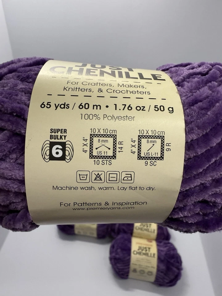 Hilo Premier JUST CHENILLE 65 yardas (lote de 4), púrpura, ganchillo, súper voluminoso Foto 3 de 3