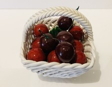 Vintage Capodimonte White Weave Basket With Cherries 4 inch 