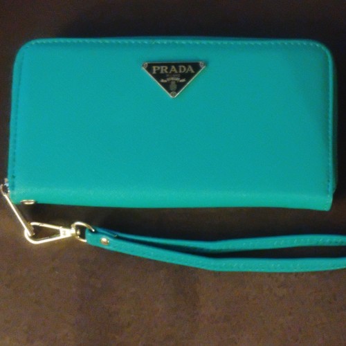 PRADA Turquoise Zip-Around Wristlet Wallet Solid Logo Zipper Women’s