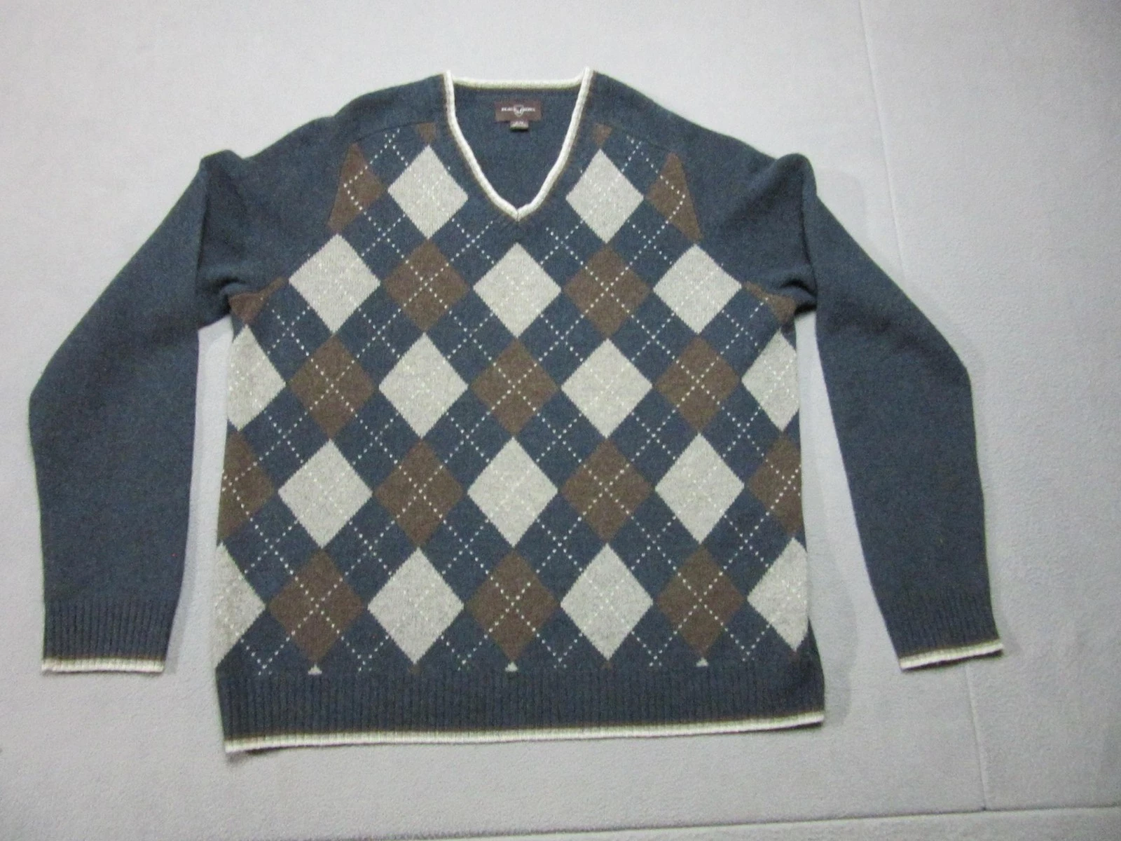 Merino Wool Argyle Sweater Mens XL Blue Brown V Neck Pullover Black Brown 1826