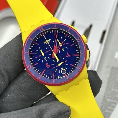NEW  Swatch Chrono GLOW LOOM Yellow And Navy Date Sports Men's Watch SUSJ400
