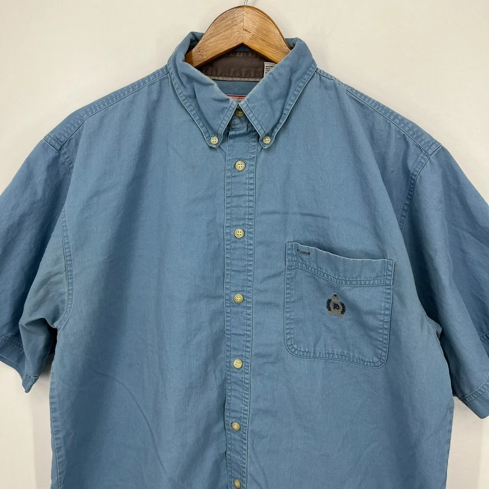 Bugle Boy Short Sleeve Button Shirt Men's L Blue Crest Logo Pocket Vtg 90s - Image 2 of 4