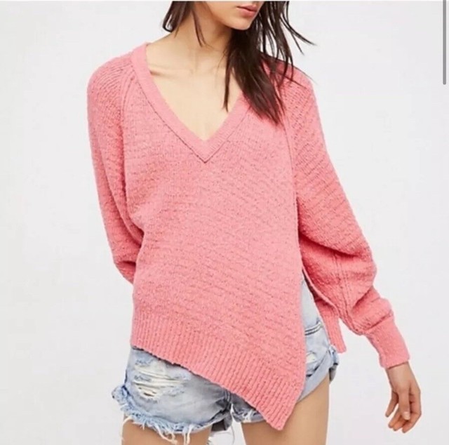 Free People West Coast Asymmetrical Knit V Neck Pullover Sweater Rose Pink XS | eBay