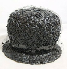 Vintage Women's Bucket Straw Hat Black with Netting Union Made in USA