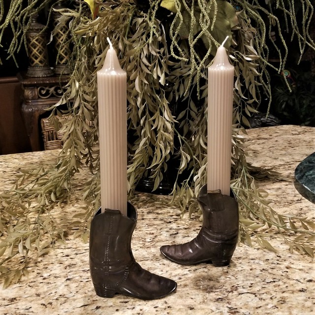 Rare Vintage DEPT 56 Pair of Bronzed Brass Cowboy Boot Candle Holders