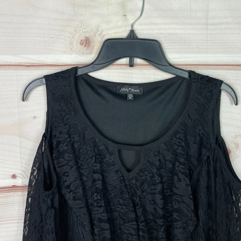 Blusa de encaje negra Slinky Brand para mujer XL hombro frío ojo de cerradura cuello pulóver Foto 2 de 4