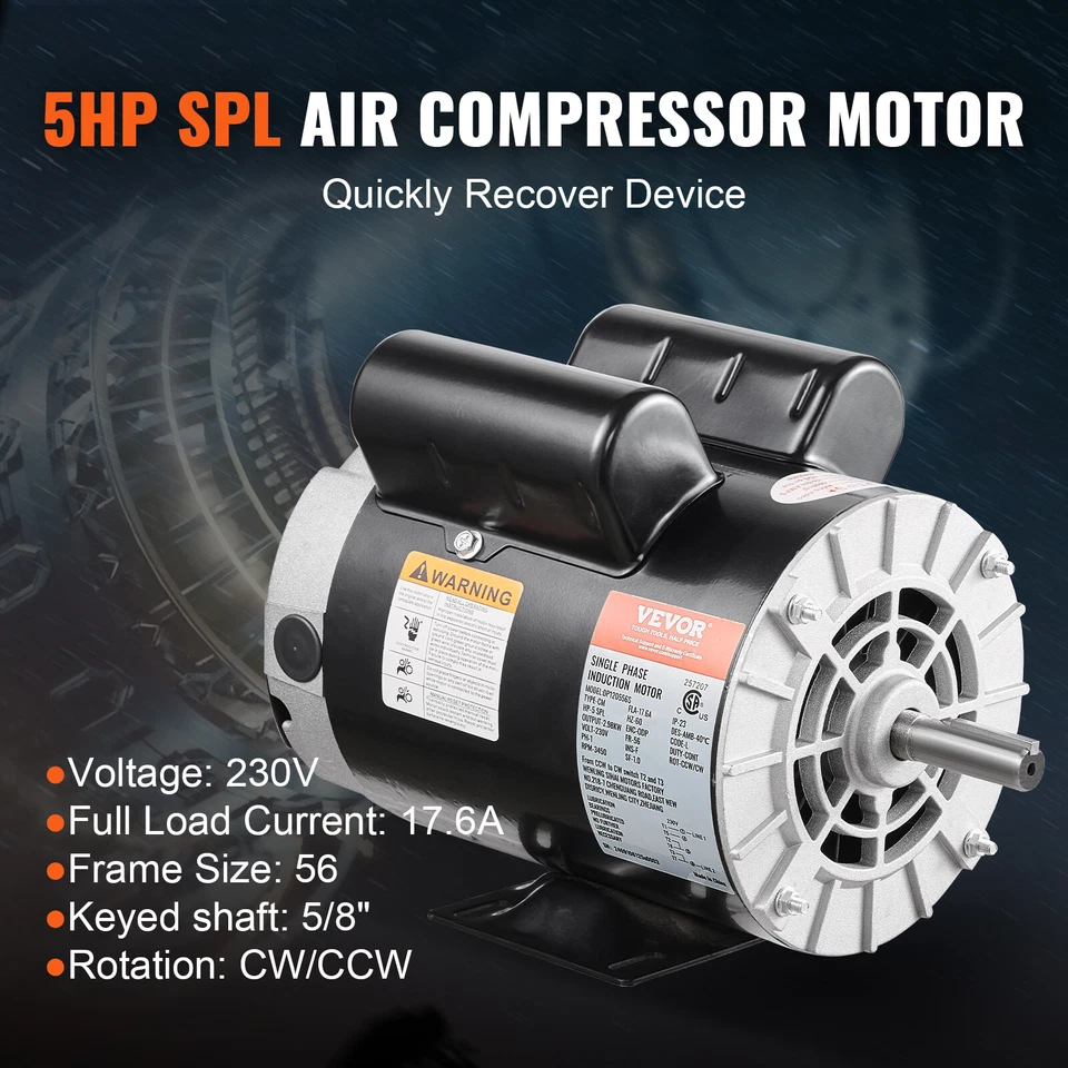 Uimoso 5HP SPL Air Compressor Motor 230V 17.6A 3450RPM 56 Frame CW/CCW Rotation - Image 2 of 4