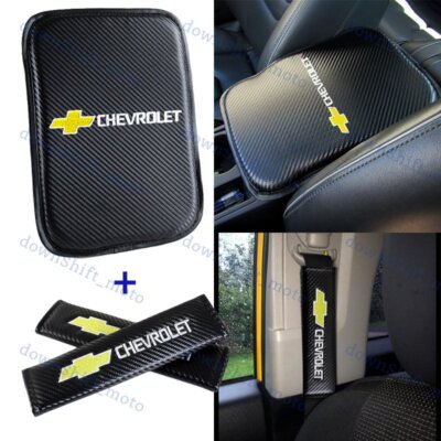 For White Embroidery CHEVY Car Center Armrest Cushion Mat Pad w/ Seat Belt Cover