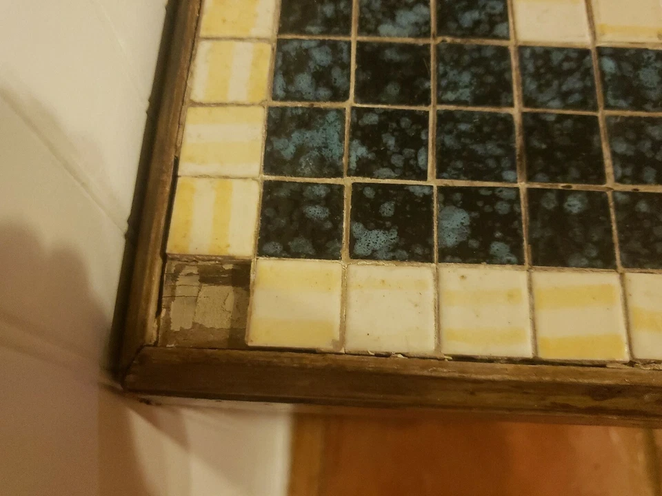 Mesa de centro moderna rectangular de mediados de siglo con azulejos de madera MCM AZULEJO AZUL BLANCO Foto 4 de 4