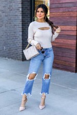 NEW GET A CHANCE BEIGE CUTOUT BUST CROPPED SWEATER FINAL SALE